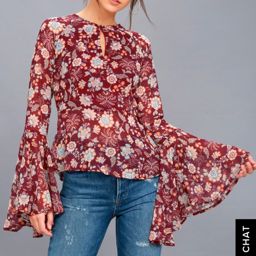 Paine Burgundy Floral Print Long Sleeve Top